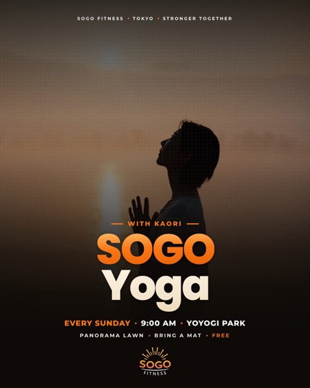 Event flyer for SOGO Yoga with Kaori, every Sunday at Yoyogi Park, in the SOGO Fitness brand
